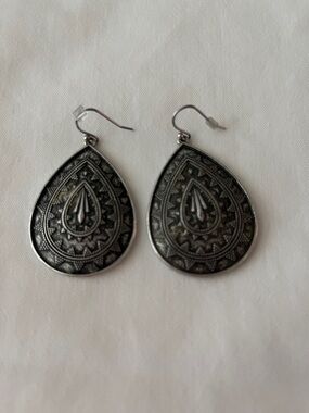 Bohemian Teardrop Engraved Silver-Tone Drop Earrings